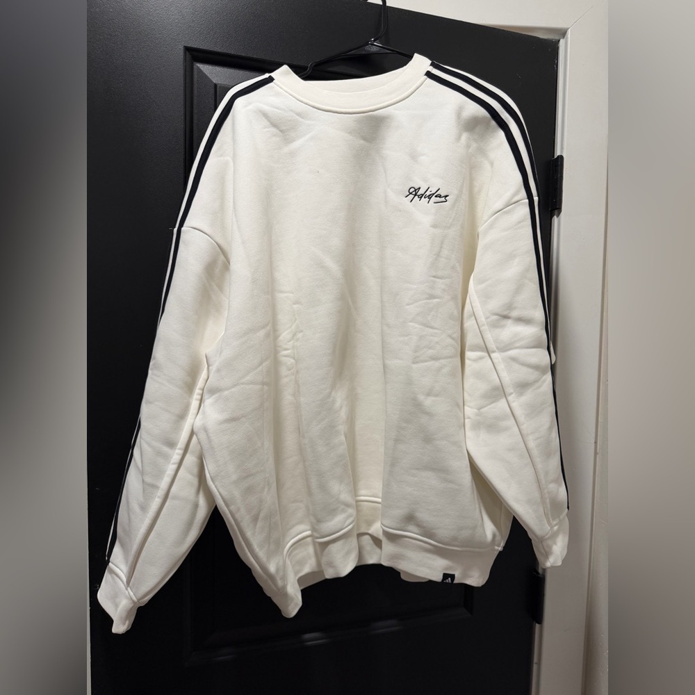 adidas White Crewneck Sweatshirt with Black Stripes